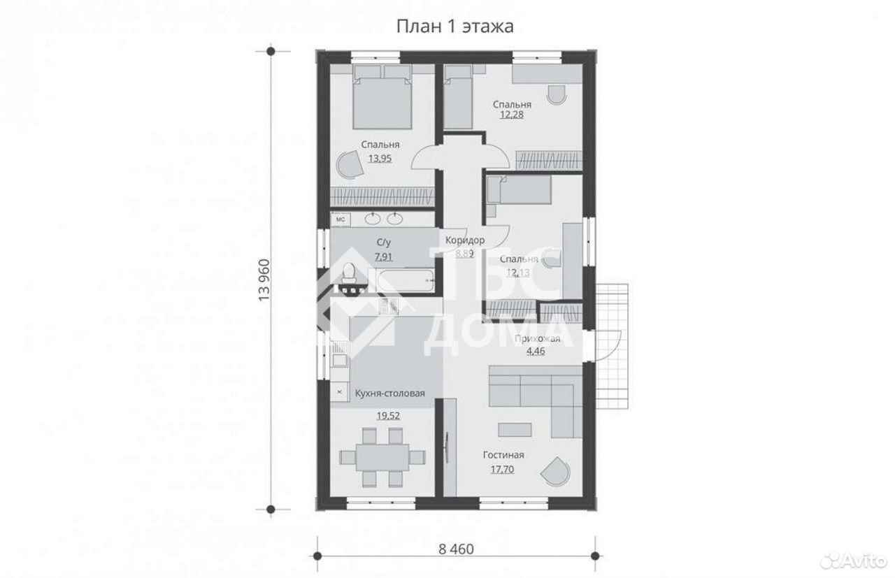 Проект узкого одноэтажного дома с тремя спальнями