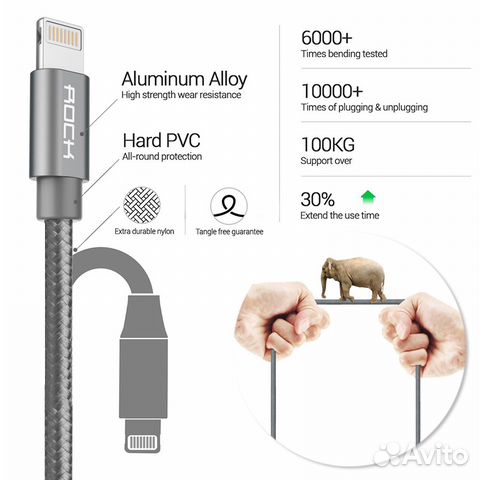 USB-кабель Rock Lightning алюминий,нейлон(серый)