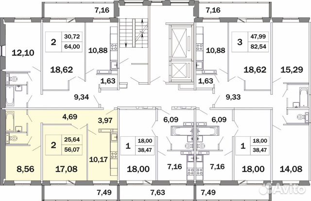 2-к квартира, 56.1 м², 1/17 эт.