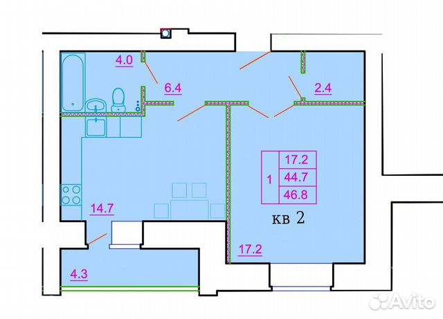 1-к квартира, 46.8 м², 2/12 эт.