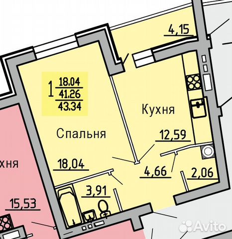 1-к квартира, 43.4 м², 1/9 эт.