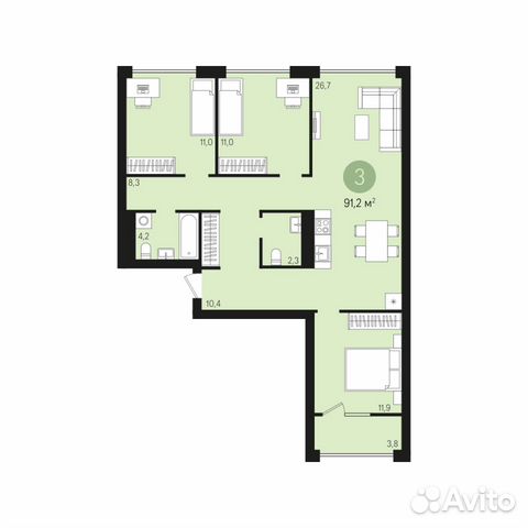 3-к квартира, 89.4 м², 5/8 эт. 3-к квартира, 89.4 м², 5/8 эт.