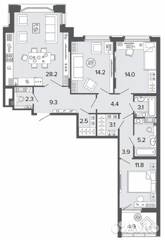 3-к квартира, 102.1 м², 4/8 эт.