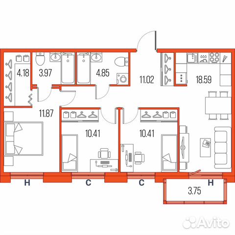 3-к квартира, 75.3 м², 16/22 эт. 3-к квартира, 75.3 м², 16/22 эт.
