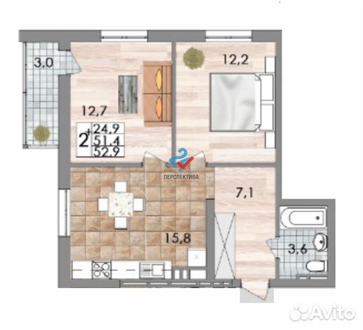 2-к квартира, 52.9 м², 12/27 эт. 2-к квартира, 52.9 м², 12/27 эт.