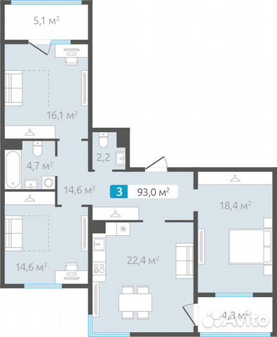 3-к квартира, 93 м², 2/4 эт. 3-к квартира, 93 м², 2/4 эт.