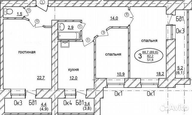 3-к квартира, 89.6 м², 4/9 эт. 3-к квартира, 89.6 м², 4/9 эт.