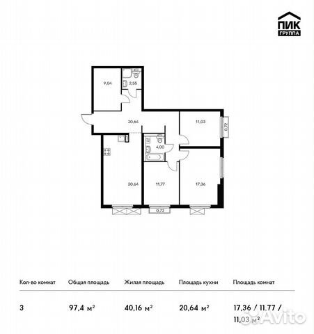 3-к квартира, 97.4 м², 9/20 эт. 3-к квартира, 97.4 м², 9/20 эт.