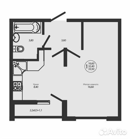 1-к квартира, 33.5 м², 1/8 эт.