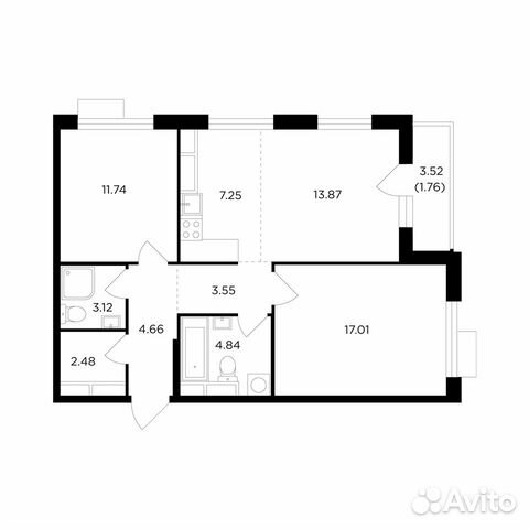 3-к квартира, 70.3 м², 11/26 эт.