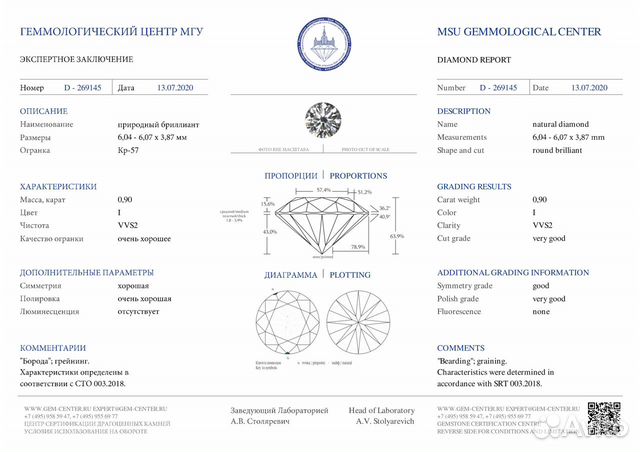 Природный бриллиант 0.90Ct I/VVS2 Природный бриллиант 0.90Ct I/VVS2