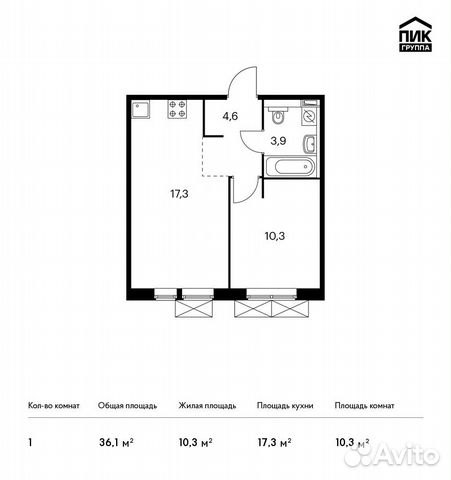 1-к квартира, 36.1 м², 7/9 эт.