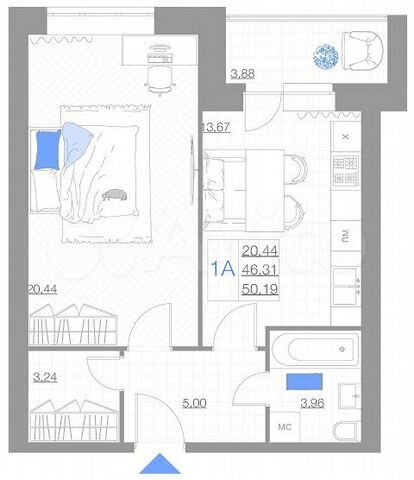 1-к. квартира, 50,2 м², 3/5 эт.