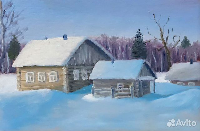 Картина маслом Зимний пейзаж с деревенским домиком