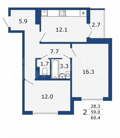 2-к. квартира, 60,4 м², 13/17 эт.