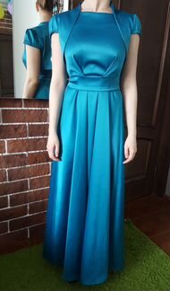 Платье вечернее в пол; голубое/бирюзовое