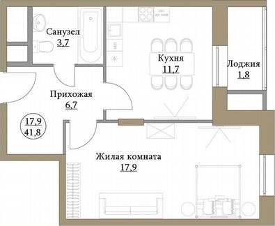 1-к квартира, 41.8 м², 1/17 эт.