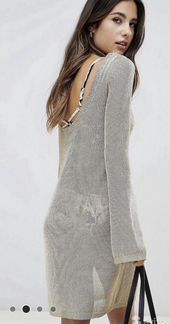 Вязаное сетка Бежевое золотая Платье пляжное сетка