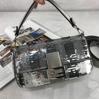 Сумка женская Fendi Baguette пайетки кожа серебро