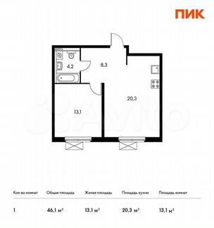 1-к квартира, 46.1 м², 16/33 эт.
