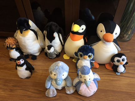 Коллекция мягких игрушек (пингвины, мишка лягушка)