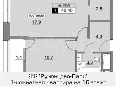 1-к квартира, 40.4 м², 16/22 эт.