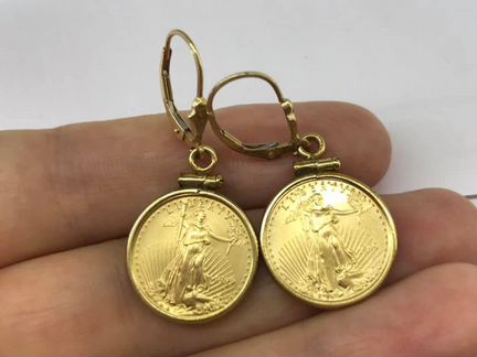Золотые серьги 585пр. с монетками 916 пробы